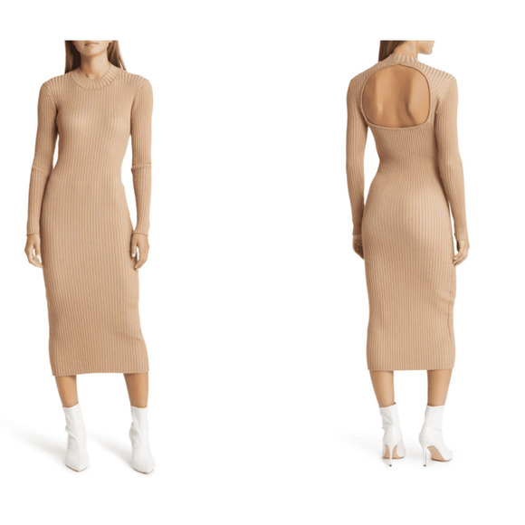NWOT Vero Moda Will Open Back Ribbed Midi Sweater Dress Women's Tan Size Medium - Picture 1 of 5